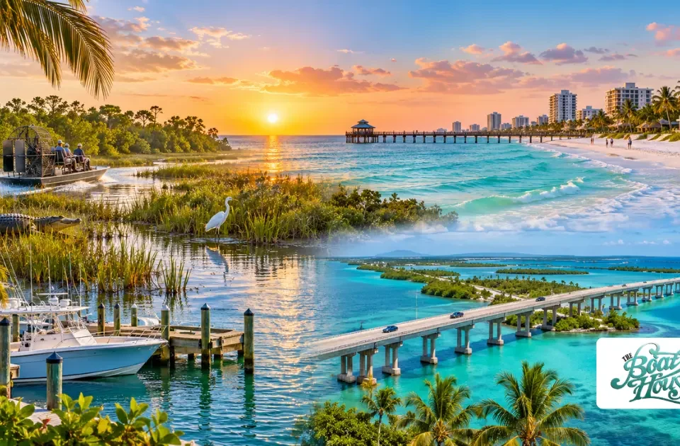 Scenic day trips from Marco Island featuring Everglades wildlife, Naples beaches, coastal boating, and a turquoise-water bridge toward the Florida Keys.