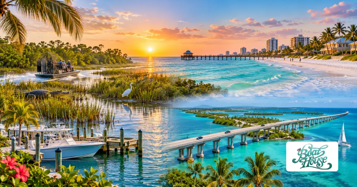 Scenic day trips from Marco Island featuring Everglades wildlife, Naples beaches, coastal boating, and a turquoise-water bridge toward the Florida Keys.