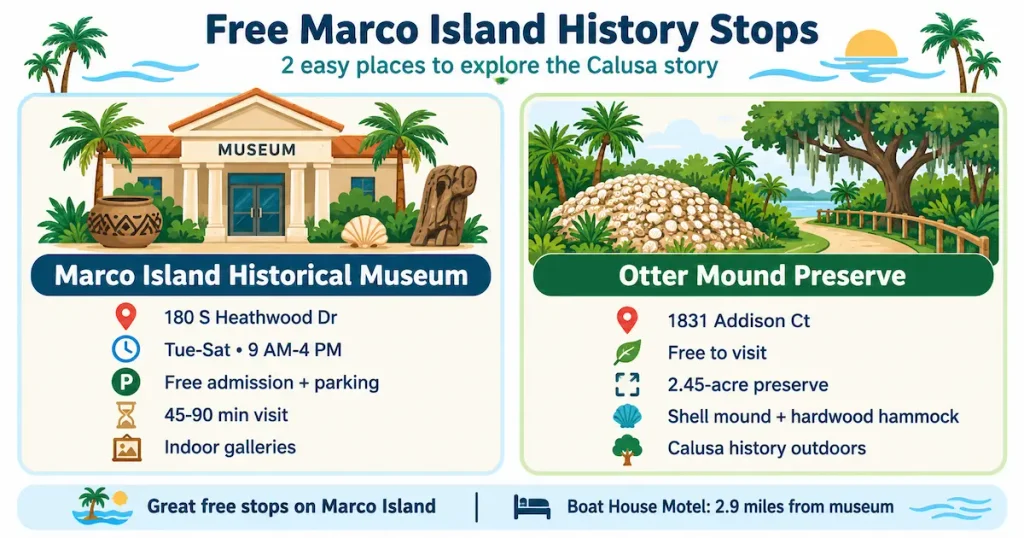 Infographic highlighting two free Marco Island historical attractions, Marco Island Historical Museum and Otter Mound Preserve, with locations, visiting hours, and Calusa history.