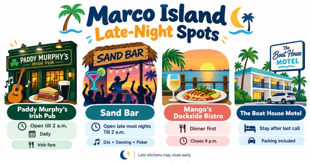 Infographic highlighting Marco Island late-night spots, including Paddy Murphy’s Irish Pub, Sand Bar, Mango’s Dockside Bistro, and The Boat House Motel, with hours and amenities.