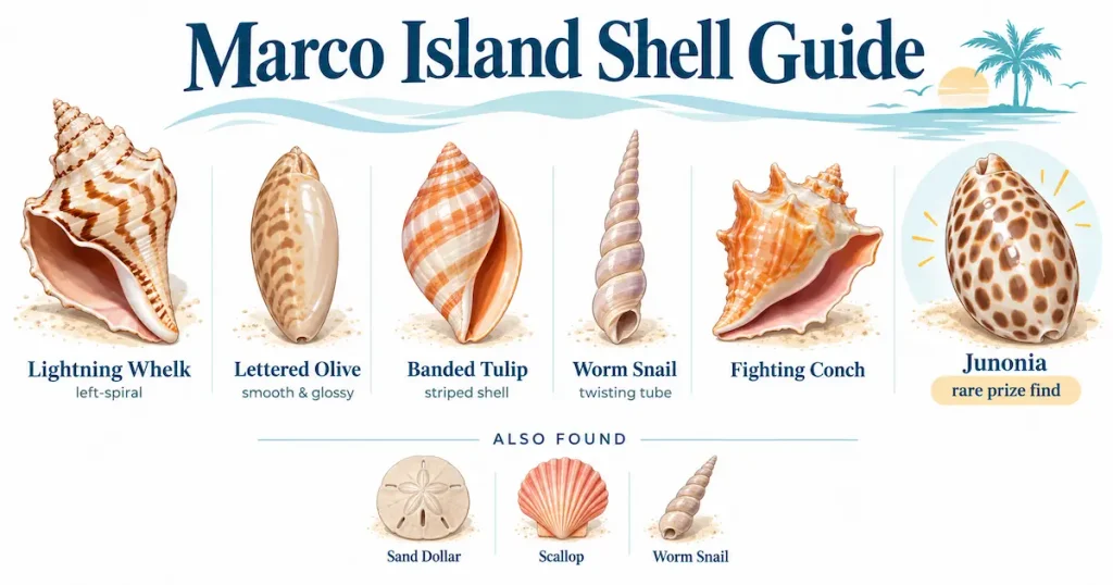Marco Island seashell identification guide featuring lightning whelk, lettered olive, banded tulip, worm snail, fighting conch, rare Junonia, sand dollar, and scallop.