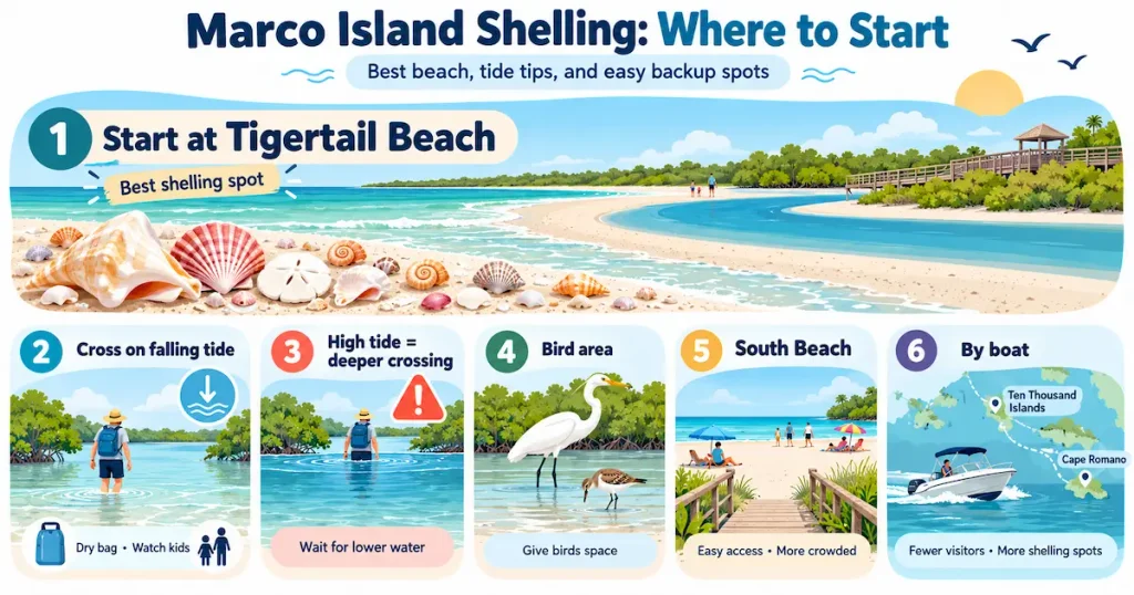 Marco Island shelling guide showing Tigertail Beach, tide crossing tips, bird habitats, South Beach, and boat-access shelling spots near Cape Romano.