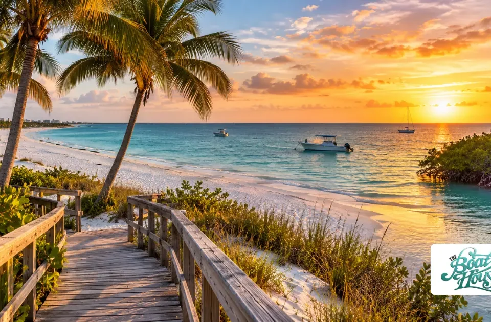 Marco Island tourist attractions featuring a tropical beach at sunset, palm trees, wooden boardwalk, and boats on the Gulf of Mexico.
