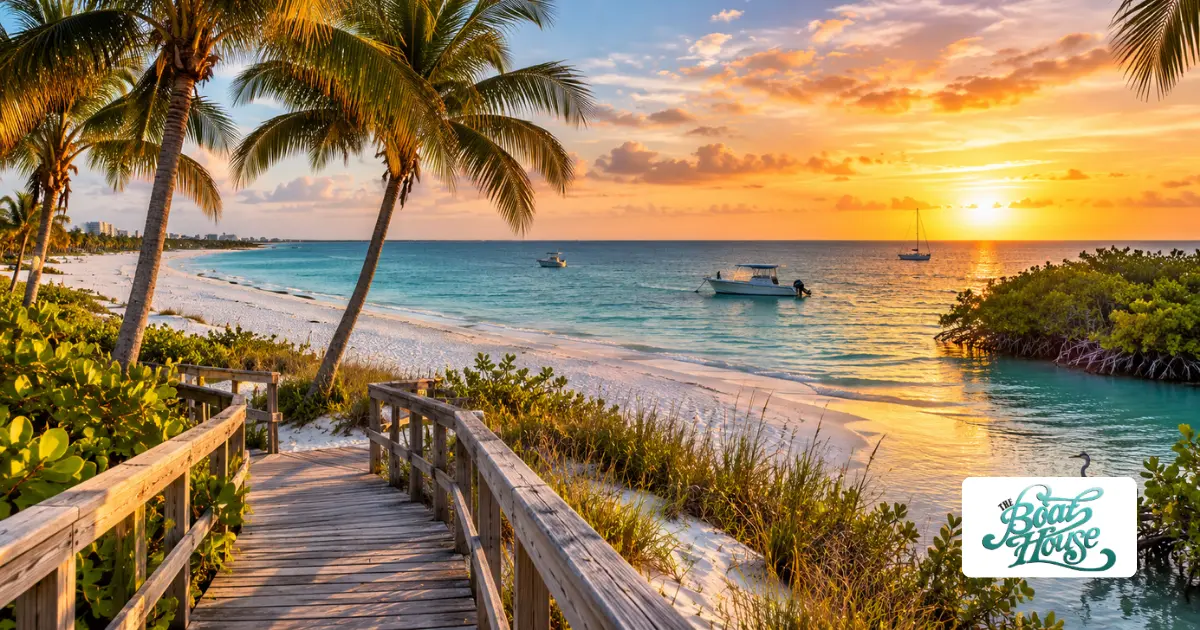 Marco Island tourist attractions featuring a tropical beach at sunset, palm trees, wooden boardwalk, and boats on the Gulf of Mexico.