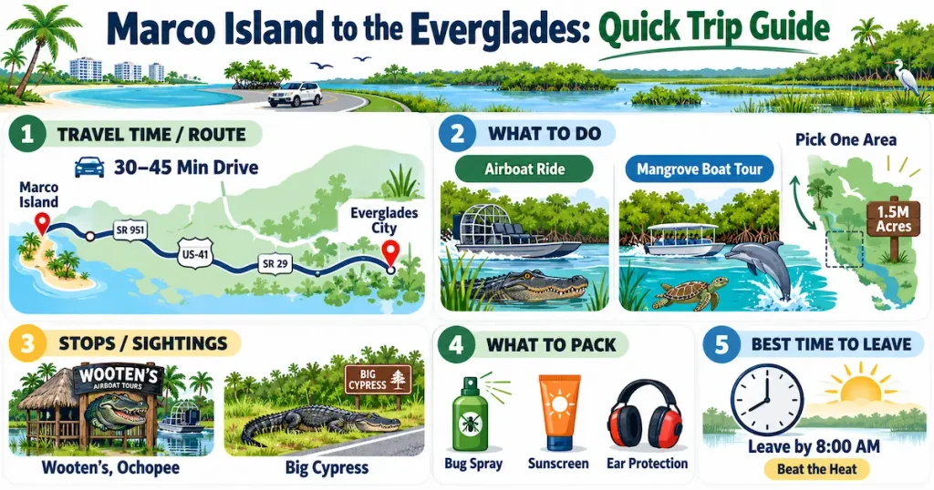 Infographic guide to visiting the Everglades from Marco Island, including drive time, airboat rides, mangrove tours, wildlife stops, packing essentials, and travel tips.