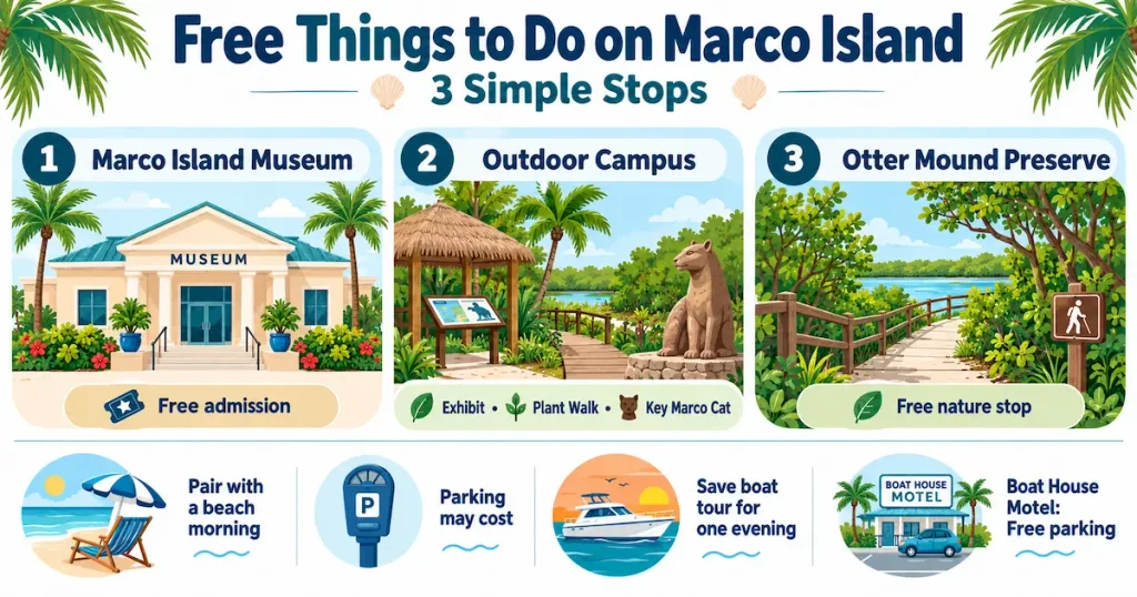Infographic showing three free things to do on Marco Island, including Marco Island Historical Museum, Outdoor Campus, and Otter Mound Preserve, with visitor tips.