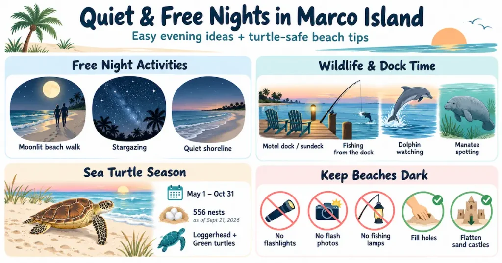 Infographic showing free things to do in Marco Island at night, including moonlit beach walks, stargazing, dolphin watching, dock fishing, and sea turtle safety tips.