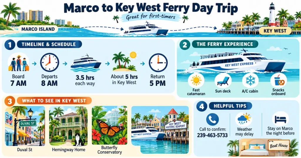 Infographic showing a Key West ferry day trip from Marco Island, including ferry schedules, travel time, onboard amenities, top attractions, and travel tips.