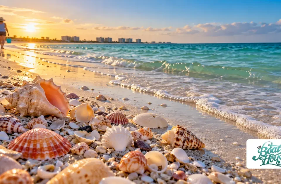 Colorful seashells scattered along Marco Island beach at sunset, with gentle Gulf waves and a visitor shelling along the shoreline.