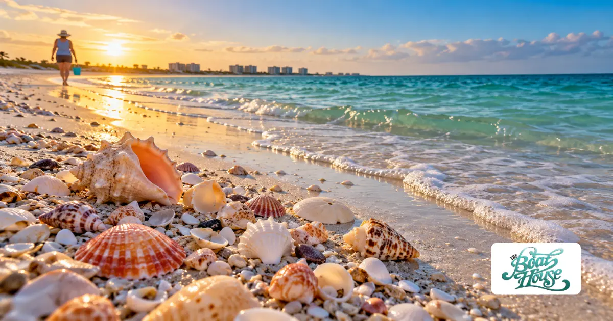 Colorful seashells scattered along Marco Island beach at sunset, with gentle Gulf waves and a visitor shelling along the shoreline.
