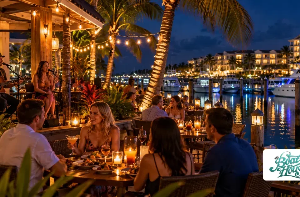 Marco Island nightlife featuring waterfront dining, live acoustic music, outdoor restaurants, and illuminated boats at a tropical marina after sunset.