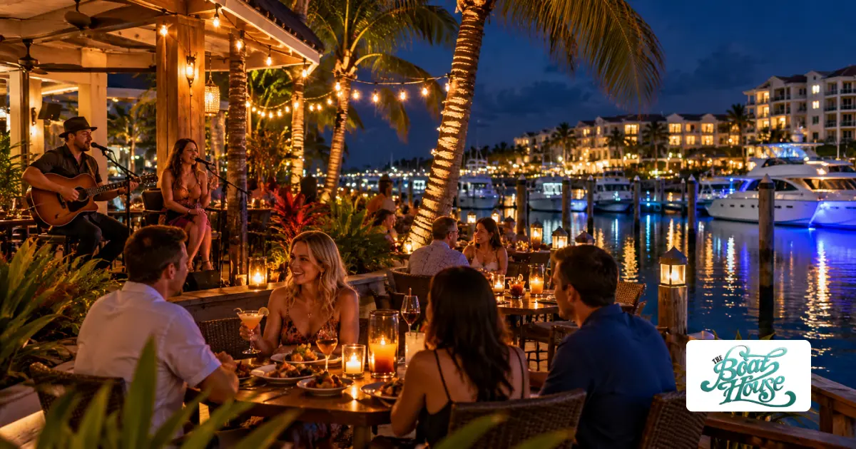 Marco Island nightlife featuring waterfront dining, live acoustic music, outdoor restaurants, and illuminated boats at a tropical marina after sunset.